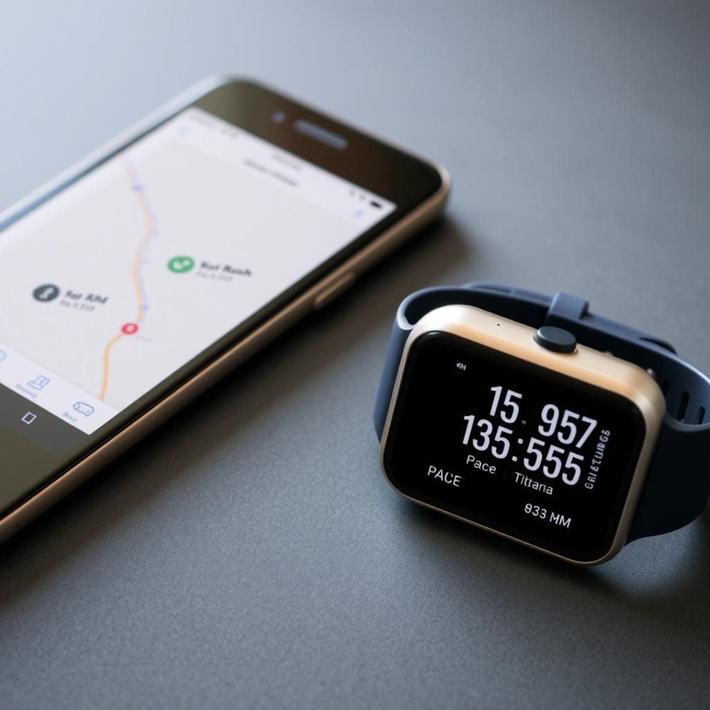 Fitness smartwatch connected to smartphone showing GPS route tracking
