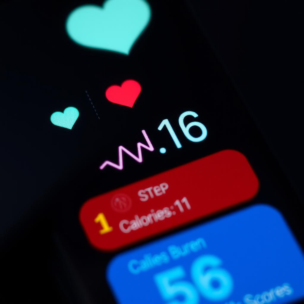 Fitness smartwatch displaying multiple health metrics including heart rate and step count