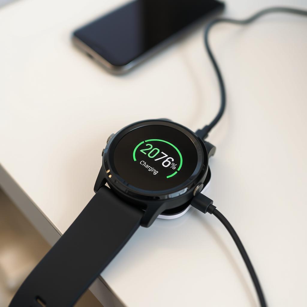 Person charging a fitness smartwatch with battery percentage indicator visible