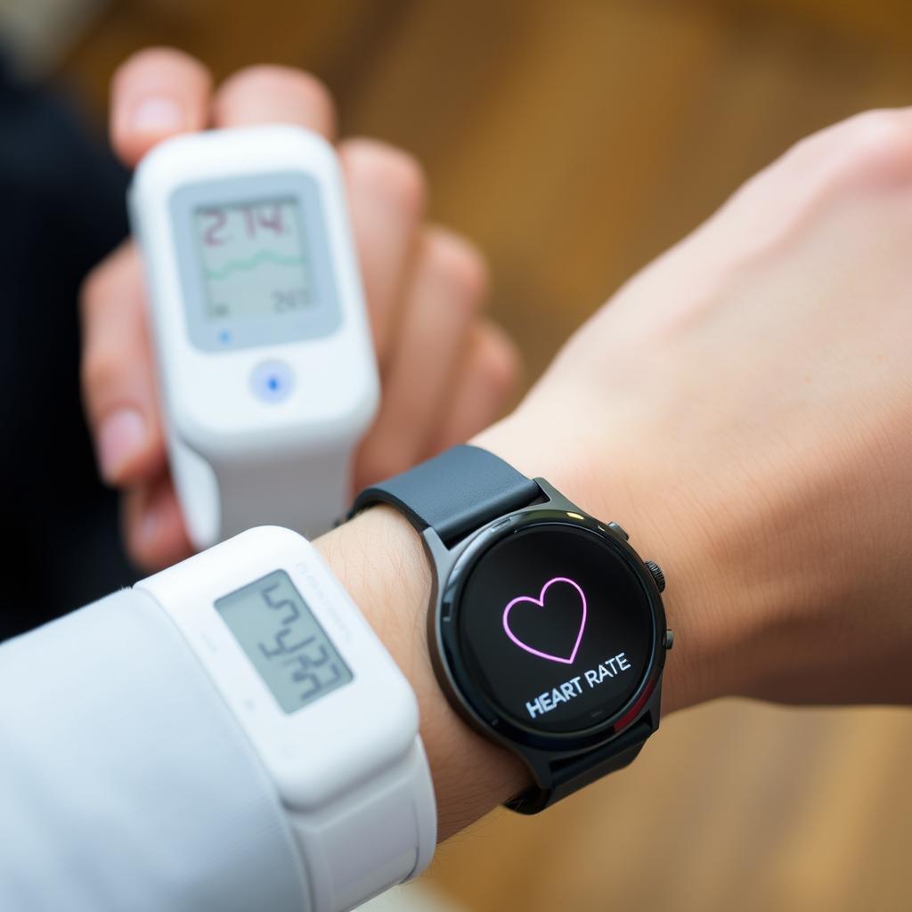 Person checking heart rate accuracy on a fitness smartwatch compared to medical device