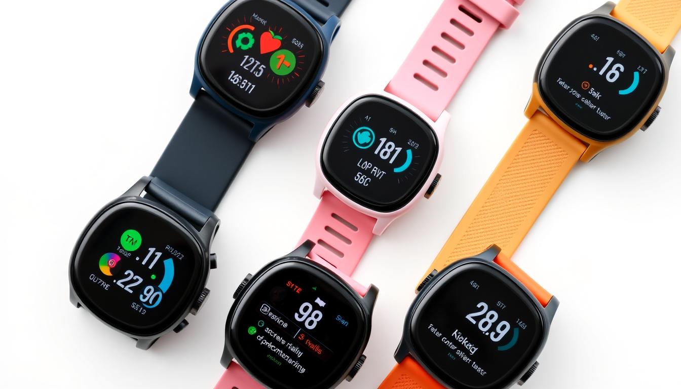 Various affordable fitness smartwatches displayed side by side showing different designs and screen interfaces